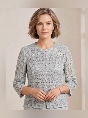 Talbots Silver Metallic Scalloped Party Blazer 8 Evening Wedding Floral Lace